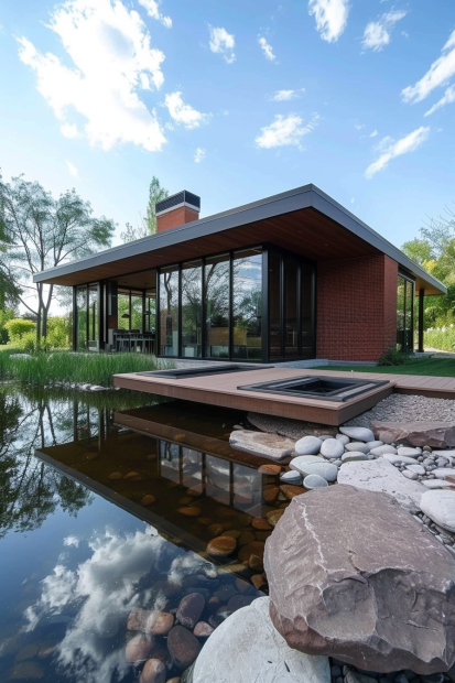 Mid-century modern home with red brick and glass walls