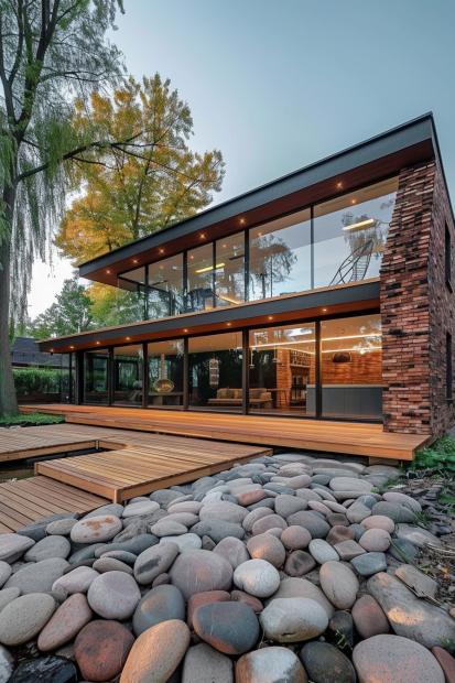 Rustic modern home with red brick and glass walls
