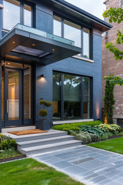 Charcoal brick home with black-framed windows