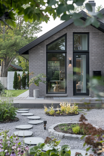 Cottage with soft gray brick and stepping stone path