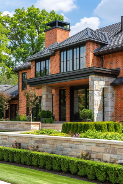 Traditional home with red brick and stone columns