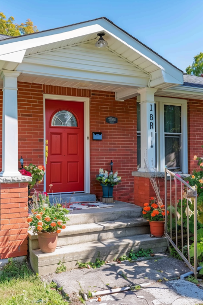 Red front door with cozy porch