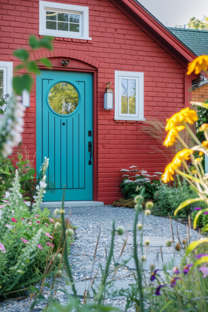 Teal door with cottage garden
