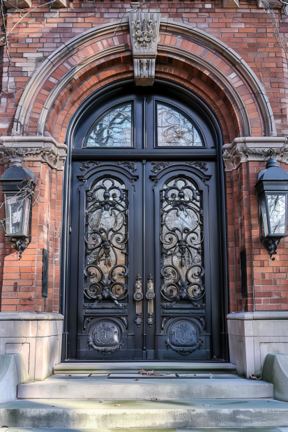 Black double doors with ironwork