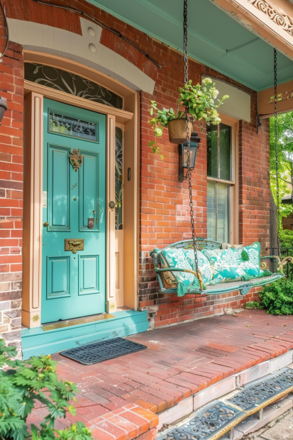 Turquoise door with porch swing