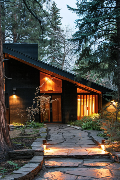 Black brick house with outdoor firepit and lush greenery
