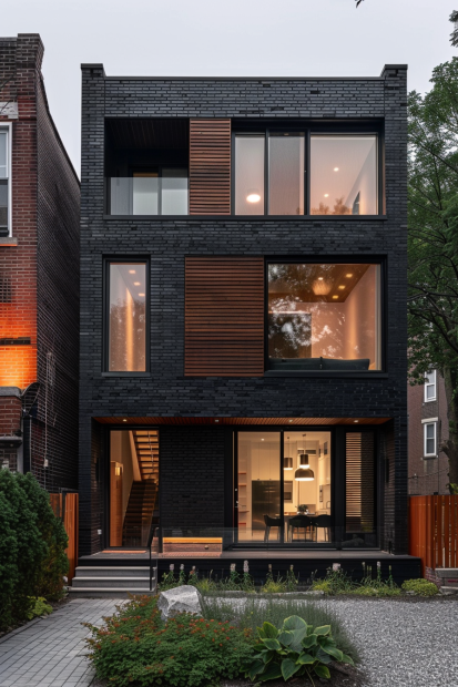 Three-story black brick urban home with wooden panels