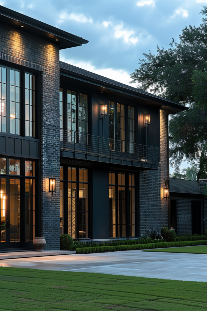Large black brick home with floor-to-ceiling windows and balcony