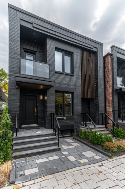 Black brick townhouse with wooden slats and balcony
