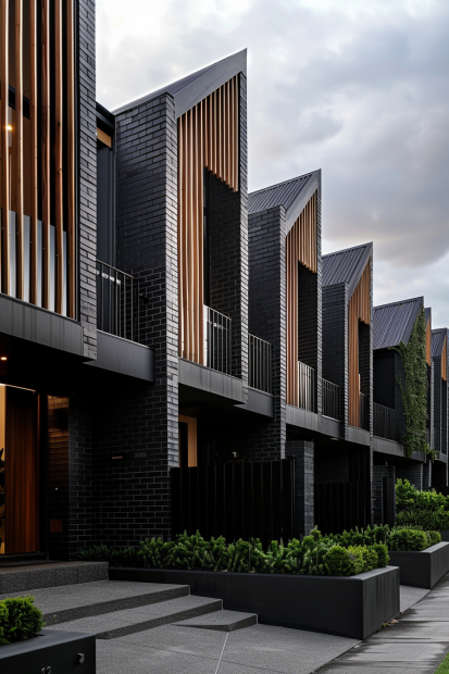 Modern black brick row houses with angular roofs and wooden accents