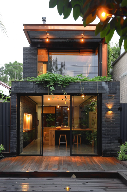 Black brick home with lush greenery and wooden accents