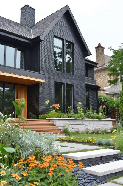 Black brick cottage with colorful garden and wooden porch