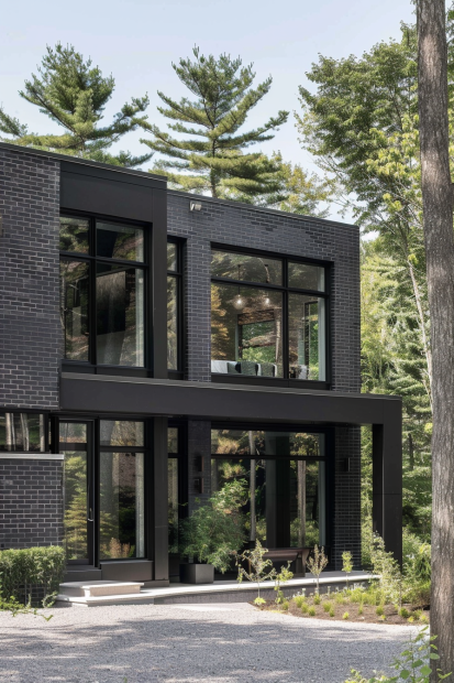 Black brick house with large windows reflecting trees