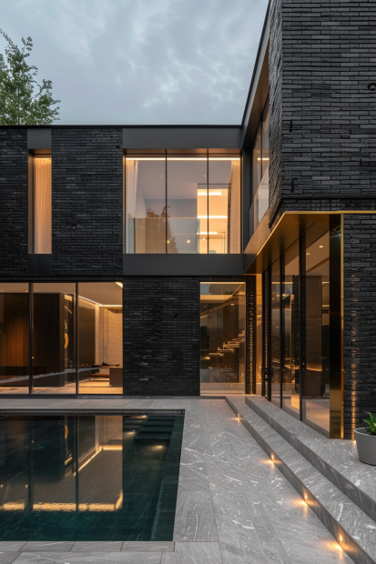 Modern black brick home with marble pool deck and gold accents