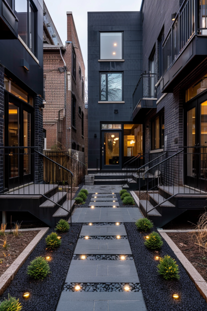Black brick townhouse with courtyard and pathway lighting
