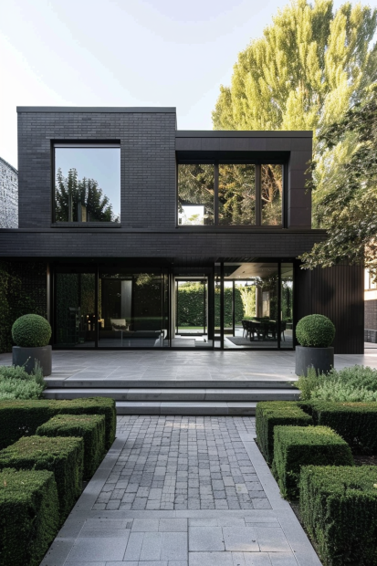 Black brick home with manicured hedges and stone pathway