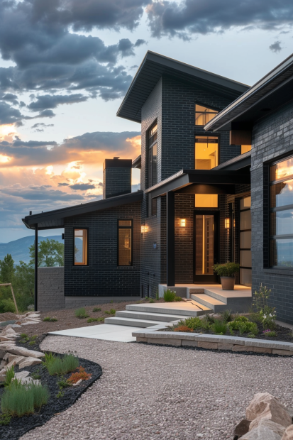 Black brick home with angular roof and mountain backdrop