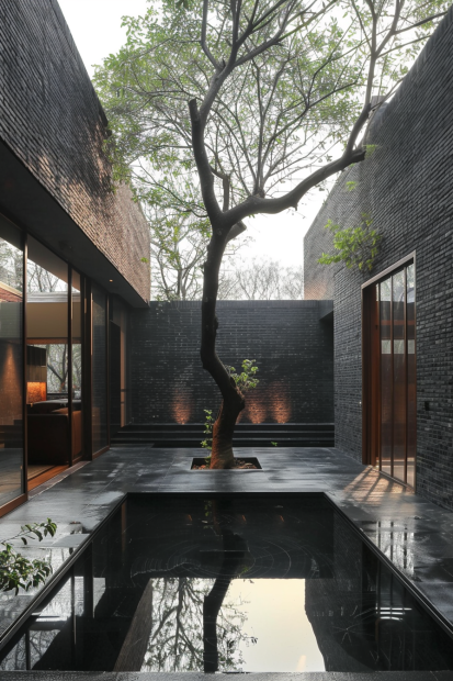 Black brick home courtyard with water feature and tree
