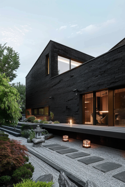 Black brick home with Japanese garden and stone pathway