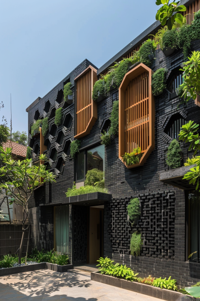 Black brick home with hexagonal patterns and greenery