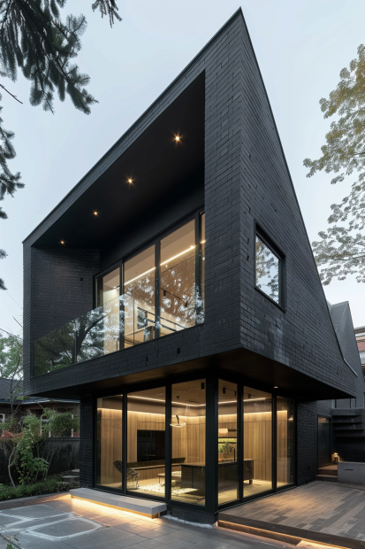 Black brick home with sharp triangular facade and glass windows