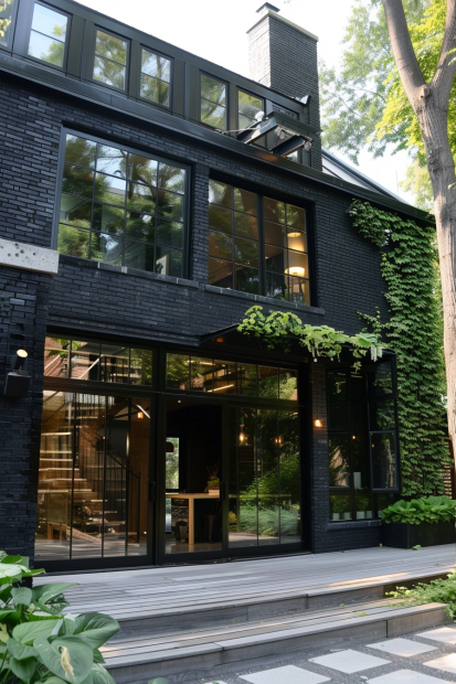 Black brick home with ivy and spacious deck