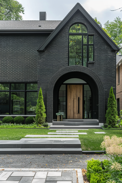 Black brick home with arched entrance and wooden door