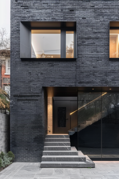 Minimalist black brick home with recessed windows and stone staircase
