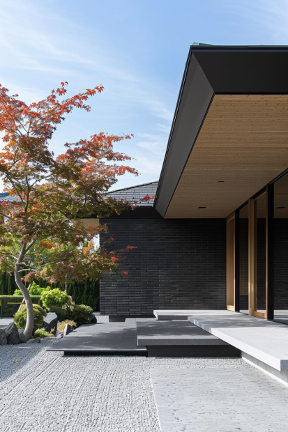 Black brick home with Japanese maple and gravel landscaping