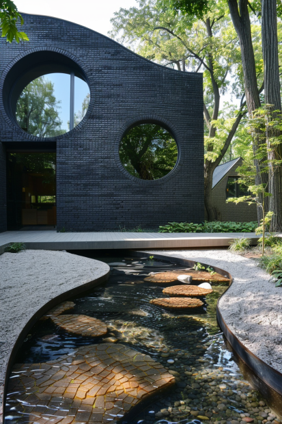 Black brick home with round windows and winding garden path