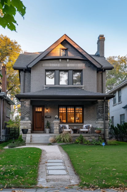 Traditional Gray Brick Home with Porch