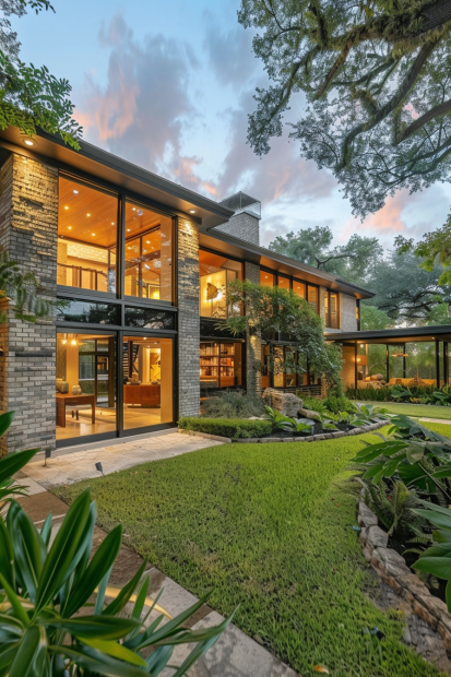 Elegant Gray Brick Home with Large Windows