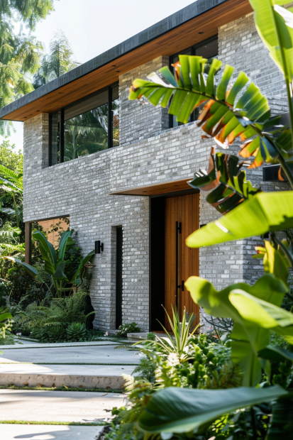 Gray Brick Home with Tropical Landscaping