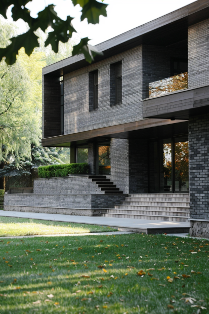 Gray Brick Home with Elevated Stairs
