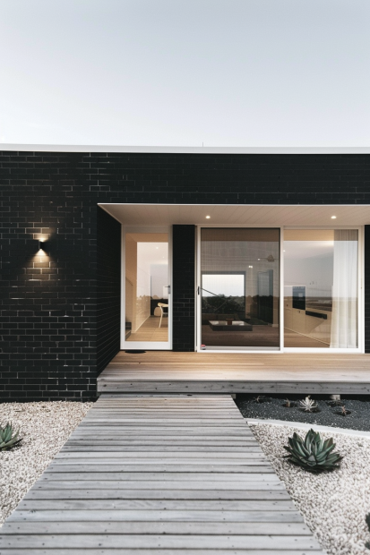 Minimalist black brick home with white windows