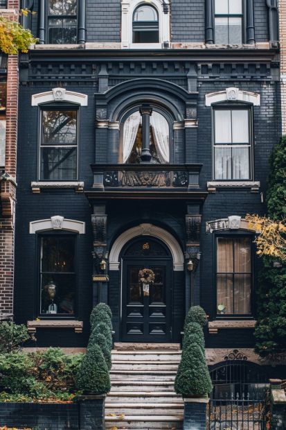 Victorian black brick townhouse with white windows