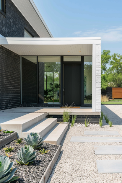 Modern black brick home with white windows and landscaping