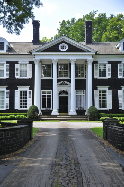 Colonial style black brick estate with white windows