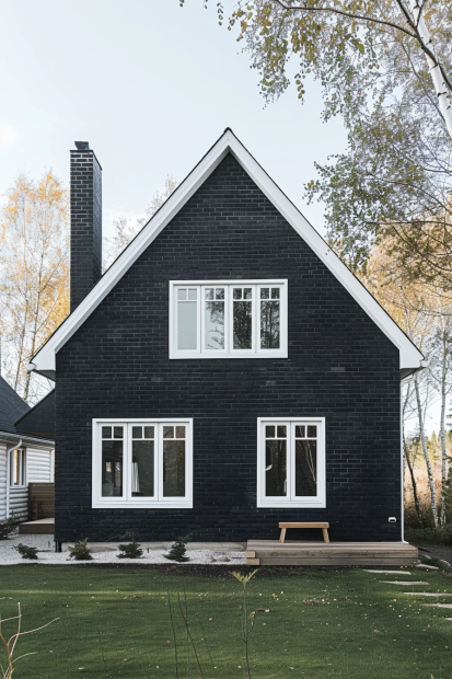 Scandinavian black brick home with white windows
