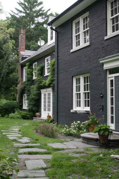 Black brick cottage with white windows and garden