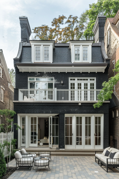 French-inspired black brick townhouse with white windows