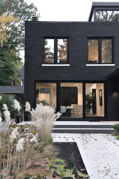 Modern black brick cube home with white windows