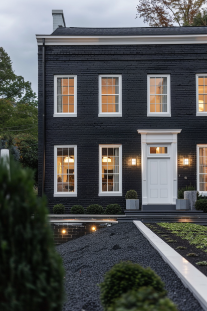 Elegant black brick home with white windows
