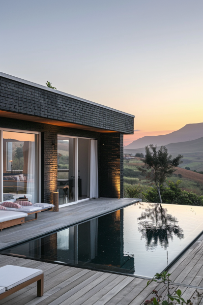Modern black brick home with infinity pool