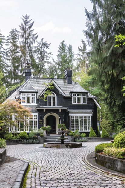 Black brick cottage in forest setting