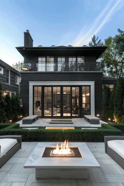Modern black brick home with fire pit