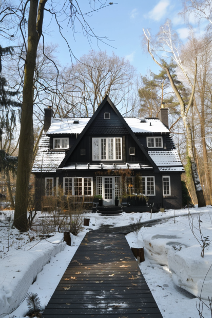 Black brick chalet in winter