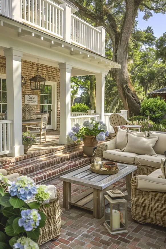 Brick patio with wicker furniture and hydrangeas