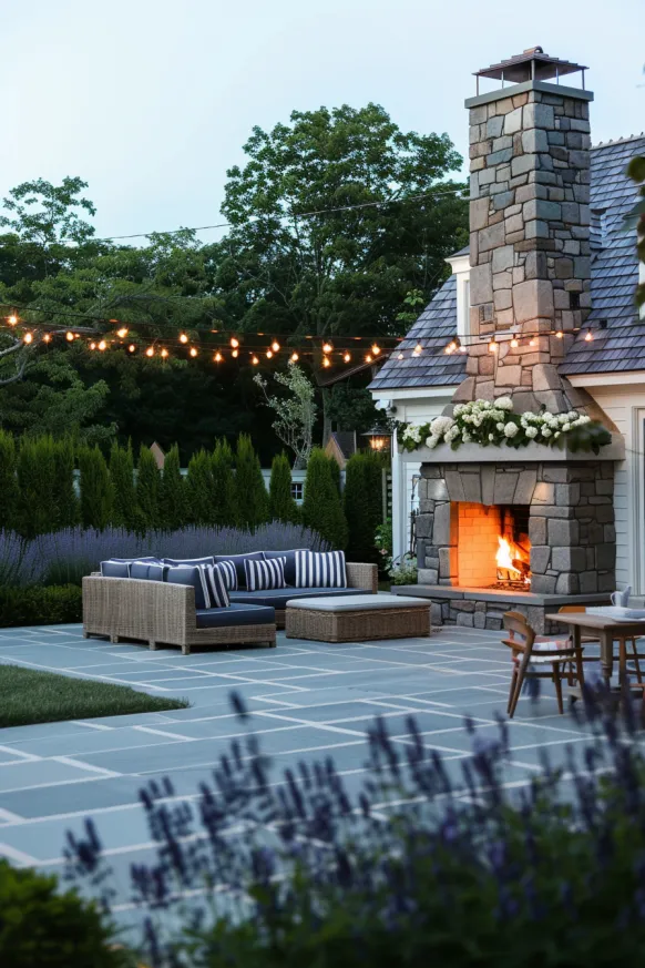 Patio with stone fireplace and navy cushions