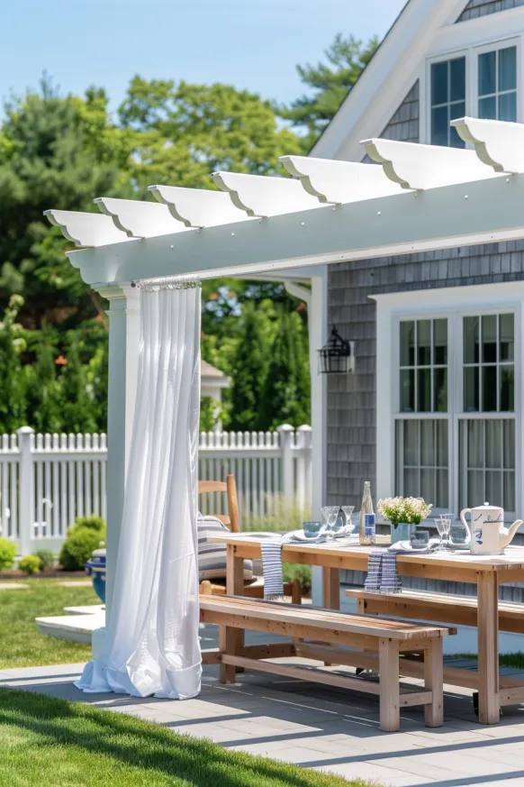 Cape Cod patio with white pergola and picnic table